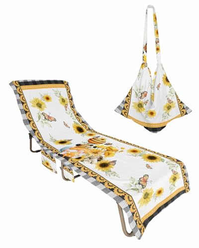 Floral Gnomes Beach Lounge Chair Towel Cover, Soft Chaise Lounge Towel with Side Pockets Patio Pool Chairs Cover for Beach/Pool Sunbathing 29x85 White Summer Bee Spring Eucalyptus Checkered