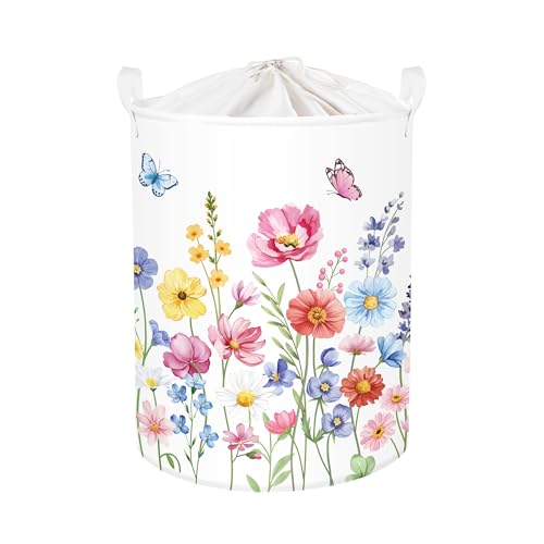 HUUMONSS, Cesto per la Biancheria Grande con Fiori, Bellissimo Cesto di Stoffa per la Primavera, Contenitore per Vestiti e Giocattoli per Uso Domestico, Rosa-Viola, 63L