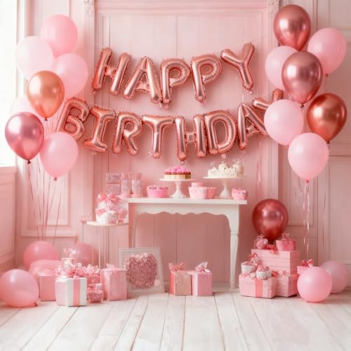 Image of Rose Gold Happy Birthday Balloon Banner Foil Balloons - 16 Inch Mylar Letters Balloons, Reusable Birthday Decorations for Men, Women Party Supplies