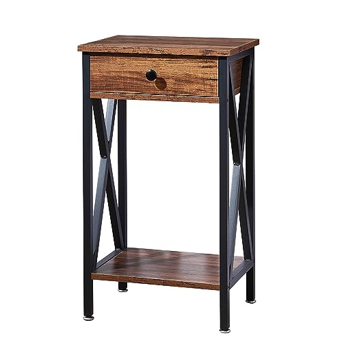 VECELO サイドテーブル ソファサイド 玄関テーブル ベッドサイドテーブル ブラウン 引き出し付き 収納棚付き おしゃれ 北欧 幅40×奥行き30×高さ70cm【日本正規輸入品】