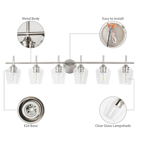 Image of foucasal Vanity Light for Bathroom, 6-Light Brushed Nickel Modern Bathroom Vanity Lighting Over Mirror with Clear Wine Glass Shade Wall Lamp for Bedroom Hallway Living Room