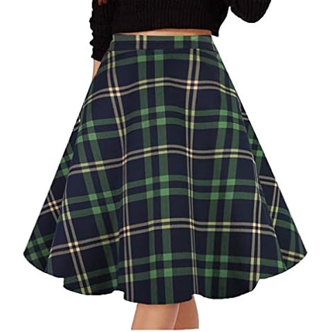 GOOBGS Musever Women's Pleated Vintage Skirts Floral Print Casual Midi Skirt Green Plaid 3XL Cover