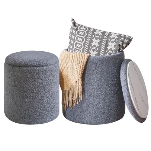 IBUYKE Storage Ottoman Set of 2 Round Ottoman Fleece Vanity