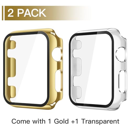 Image of Misxi Case with Screen Protector for 38mm Apple Watch Series 3 /2 | 2-Pack Cover with Tempered Glass for 3 /2, Scratch Resistant Sensitive Touch, 1 Gold + 1 Transparent
