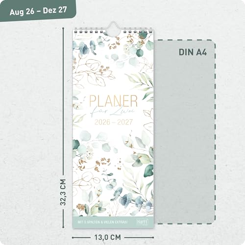 Häfft® Planer für zwei 2026/2027 „Blattgold“ – Paarkalender 17 Monate (Aug 26 - Dez 27) – Wandkalender für 2 Personen, 3 Spalten, schmaler Wandplaner 13x31,9 cm