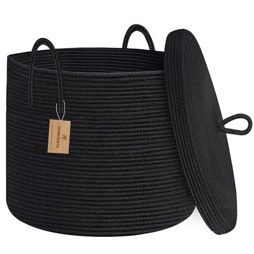 HONCESTA 18" X 14" Large Black Basket with Lid, Cotton Rope Storage Bin for Blanket, Toy, Pillow, Towel, Living Room, Bedroom Organization, Wicker Woven Basket with Cover