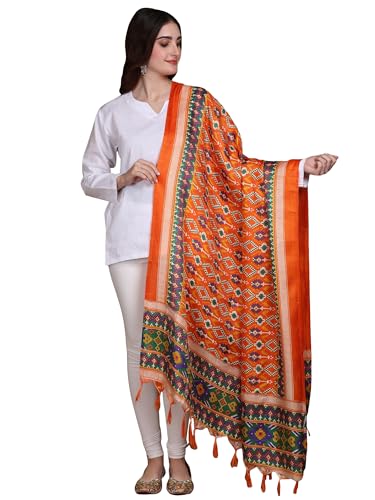 Women's Patola Art Silk Printed Dupatta with Fringes | Traditional Ethnic Print Weave Design Stole, Chunni