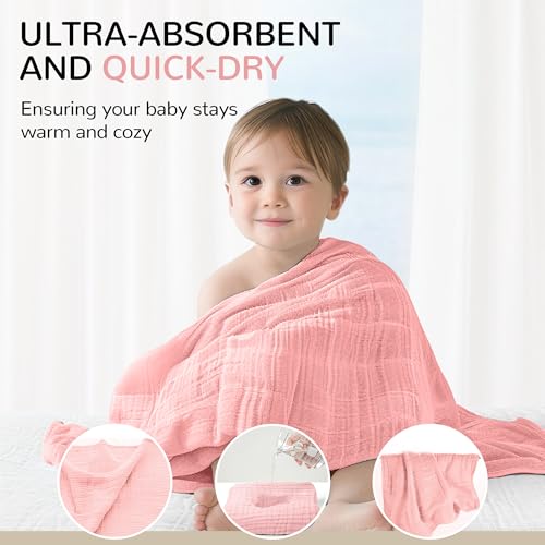 Image of Momsnug 3-Pack Muslin Hooded Baby Towels, Rose+Grey+Apricot, 35 inch X 35 inch | 100% Cotton, Ultra-Soft & Highly Absorbent ,Quick-Dry for Delicate Skin, For Babies, Toddler and Newborn