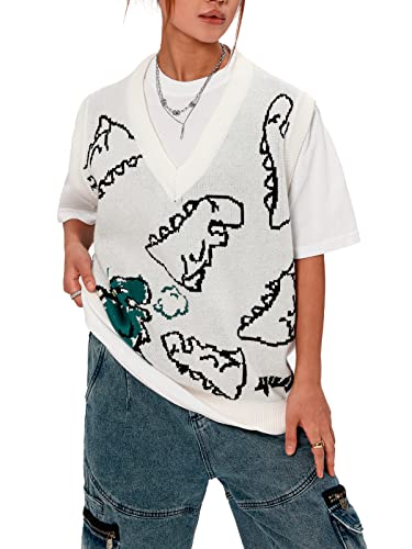 Aelfric Eden Mens Dinosaur Oversized Sweater Vest Unisex Cable Knit Sleeveless Sweater Streetwear Casual Pullover Vest #TOP10