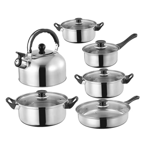 DINHEAROM 12 piezas Utensilios de Cocina de Acero Inoxidable Olla Antiadherente y Tetera Compatible con Cocinas de Inducción Gas y Eléctricas para Lavavajillas Diseño Compacto para Ahorro