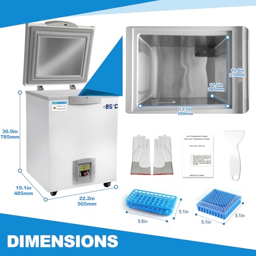 28L Ultra-Low Temperature Freezer -86°C/-122.8°F, Lab Deep Freezer with Rollers for Medical & Research Sample Storage, Lab Cryogenic Refrigerator, ULT Freeze for Vaccines, Reagents