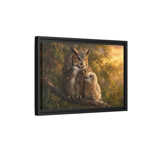 Tableau chouette en toile marron et doré cadre noir 45x30cm décoration murale