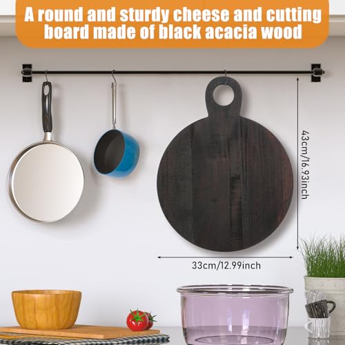 Image of 1 Pcs Acacia Wood Cutting Board with Handle 16.9'' Round Charcuterie Chopping Board for Pizza Cheese Meat Decorative Black Wooden Serving Tray for Kitchen and Dining Room