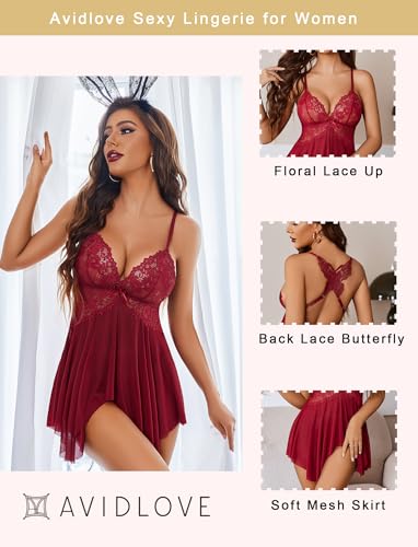 Image of Avidlove Sexy Lingerie for Women V-Neck Lace Babydoll Mesh Chemise Sleepwear Boudoir Outfits
