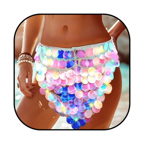 Zoestar Light Up Mermaid Sequin Skirt Sparkly Waist Body Chain Rave Accessories for Women
