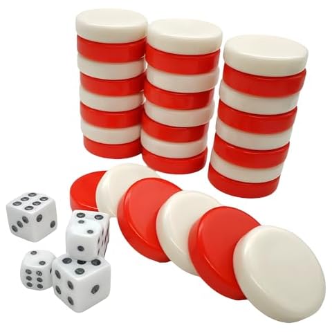 FAMA.store 30 Pieces Backgammon Checkers Replacement Set Checker Board Games Playing Game Chips with 5 Dice Come with Drawstring Storage Pouch (Red&Ivory 1.25 inch) Cover