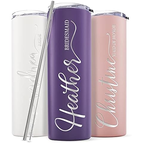 Lily's Atelier Single, Bridesmaid Gifts, Personalized Bridesmaid Tumbler W/Name and Title - 8 Vivid Colors, 5 Designs - 20 Oz Engraved Skinny Tumbler W/Straw Set Cover
