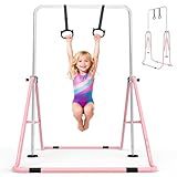 FINCOME Gymnastics Bar for Kids with Gymnastics Rings, Height Adjustable Gymnastics Horizontal Bar, Foldable Bar Gymnastics Equipment for Home Room Indoor Outdoor Gym Practics, Gymnastic Bar Pink