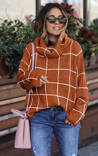 Image of ECOWISH Women Fall Pullover Sweater Turtleneck Plaid Long Sleeve Loose Casual Chunky Checked Knit Winter Sweaters Jumper Tops