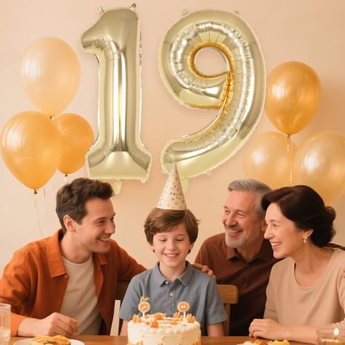 Image of Champagne Gold Large Number 19 Balloon, 40 Inch Light Gold Foil Helium Number Balloons, Giant Mylar Number 19 Balloons for 19 Years Old Birthday Party Anniversary Decorations (Champagne Gold 19)