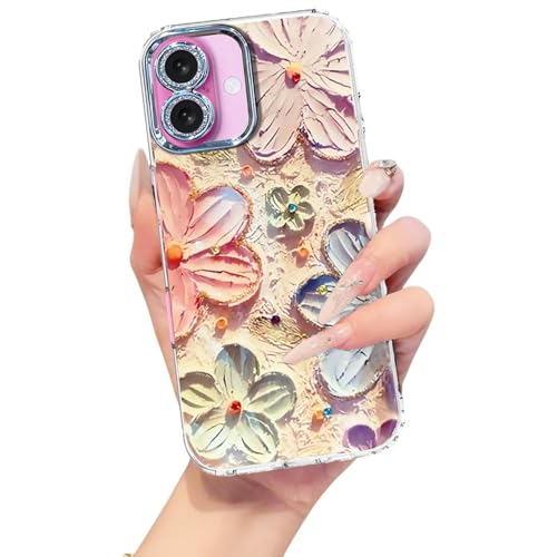 Image of VONZEE Laser Flower Case Compatible with iPhone 16, Colorful Oil Painting Design, Shockproof PC+TPU Hybrid Cover, Full Camera Protection Glossy Cute Protective Case for Women & Girls, Pink