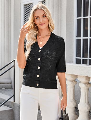 Arach&Cloz Womens Lightweight Cardigan Short Sleeve Shrugs Button Crochet Knit Fashion Sweaters Tops Cozy Clouds3