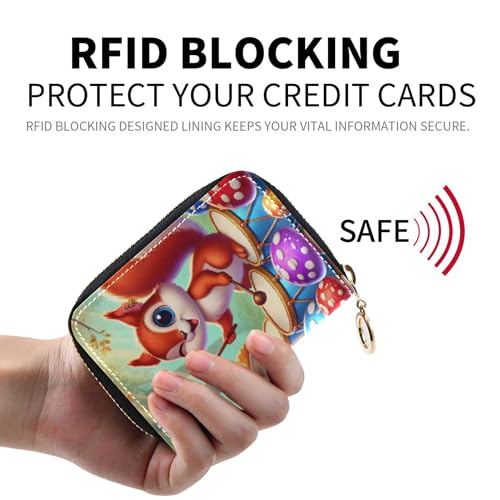 Small Women's Wallet Credit Card Wallets RFID Blocking Leather Zipper Travel Wallet with Key Ring Cute Cartoon Squirrel Forest2