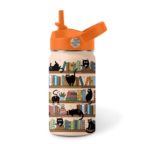 Image of Bookshelf Water Bottle for Son & Daughter, Stainless Steel Insulated Tumbler with Straw Lid and Handle, 12oz Reusable Leak-Proof Bottle for Sports
