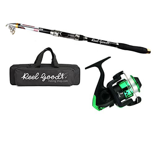 Chameleon Telescopic Fishing Set Rod, Reel & Bag Set - Spinning Fishing Gear Combo (Green, 2.1m)