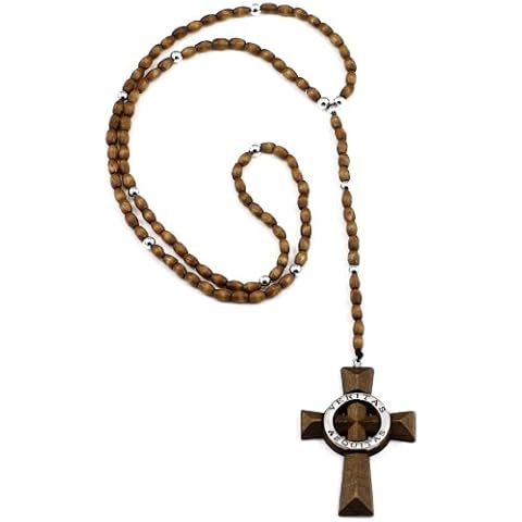 GWOOD Veritas Aequitas Brown with Silver Color Wood Pendant with 34 Inch Plus 5 1/2 Inch Drop Rosary Necklace Cover