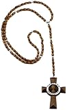 GWOOD Veritas Aequitas Brown with Silver Color Wood Pendant with 34 Inch Plus 5 1/2 Inch Drop Rosary Necklace