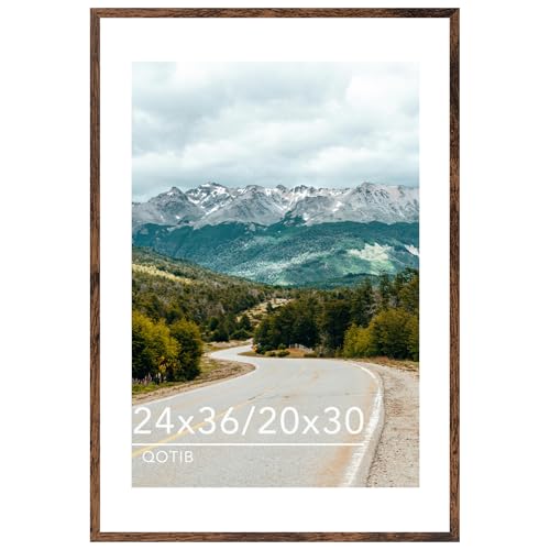 QOTIB Wood 24x36 Picture Frame with 20x30 Mat Display 20x30 with Mat or 24x36 Without Mat Wood 24 by 36 Photo Frame 24 x 36 Frame for Wall Hanging Display Deep Brown
