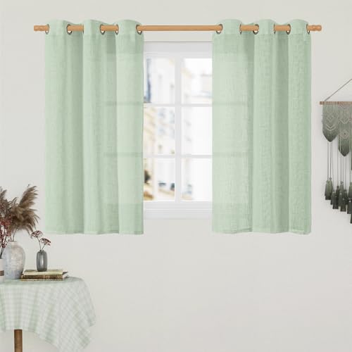 Image of LAMIT Short Linen Curtains 40 Inch Length for Small Window, Fresh Green Light Filtering Semi Sheer Panels Bronze Grommet Neutral Drapes for Basement /Window, 2 Panels, 34 x 40 Inch