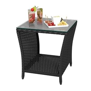 Kinbor Schwarz Rattan Glas Kaffeetisch