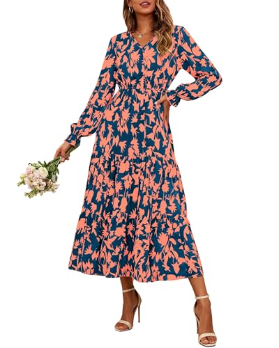 BTFBM Women Fall Dresses 2025 Casual Long Sleeve V Neck Maxi Dresses Floral Boho Long Dress Wedding Guest Dress
