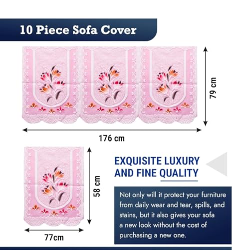 Image of Premium 3-Seater + 2 Single Seater Sofa Cover Set | Anti-Slip Cotton Blend Sofa Protector | Washable & Durability-Enhanced Fabric | Floral Design for Living Room Decor (Pink)