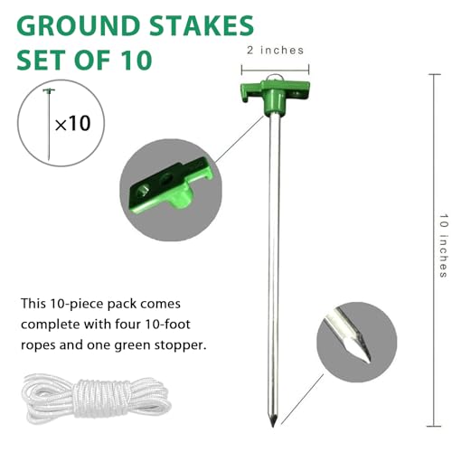 Image of Eurmax USA 10-Pack Secure Protection Galvanized Tent Stakes,Rust-Proof Steel Canopy Anchors for High Winds,Heavy Duty Commercial Ground Pegs for Camping,Pop Up Tents&Gazebos - Includes 4x10ft Ropes