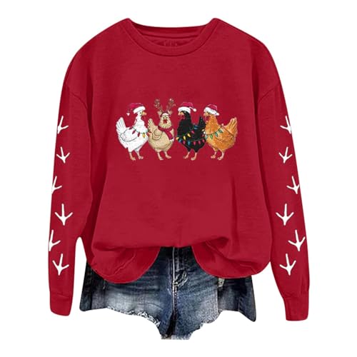 Christmas Chicken Jumper Women'S Christmas Sweatshirts Funny Christmas Retro Print Crew Neck Sweatshirt Casual Long Sleeve Pullover Oversized Dressy Trendy Sweater Ladies Winter Holiday Tops Red