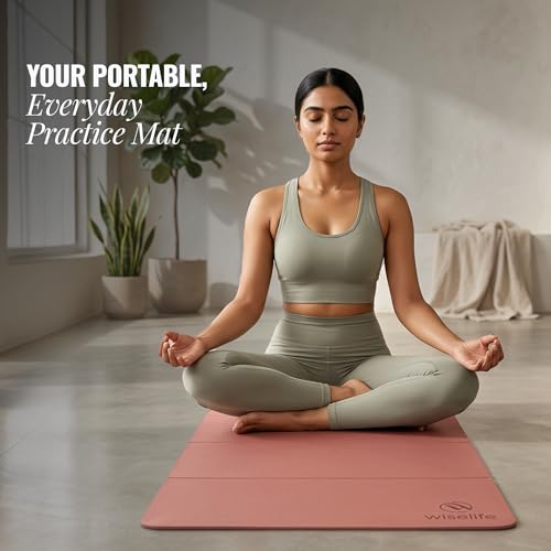 Image of WiseLife Foldable Travel Yoga Mat for Women & Men - Lightweight Portable Exercise Mat, Non-Slip Surface, Compact Folding Design for Yoga, Pilates, Stretching, Meditation & Home Workouts (Mauve)