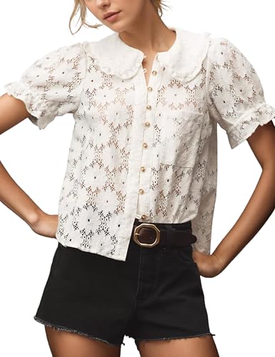Livtany Women's Peter Pan Collar Neck Lace Trim Blouse Puffed Short Sleeves Tee Shirt Button Front Eyelet Tops with Pocket White