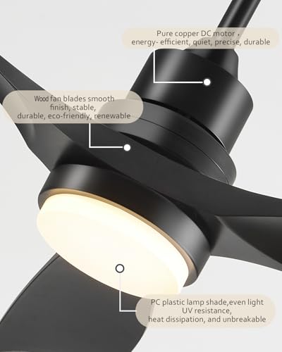 Image of Ceiling Fan with Lights Remote Control, 52 Inch Black Ceiling Fans with 3 Downrods, 3 Blades, Timer, 6 Speed Modern Fan Quiet Reversible DC Motor for Patio Bedroom Outdoor /Indoor,52in,Black