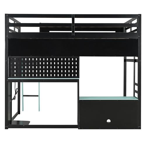 Image of Harper & Bright Designs Full Size Wood Gaming Loft Bed with Desk and Storage Shelves, Modern Low Loft Bed Frame with LED Lights, USB Ports and Pegboard for Kids Teens Adults, Black+Blue