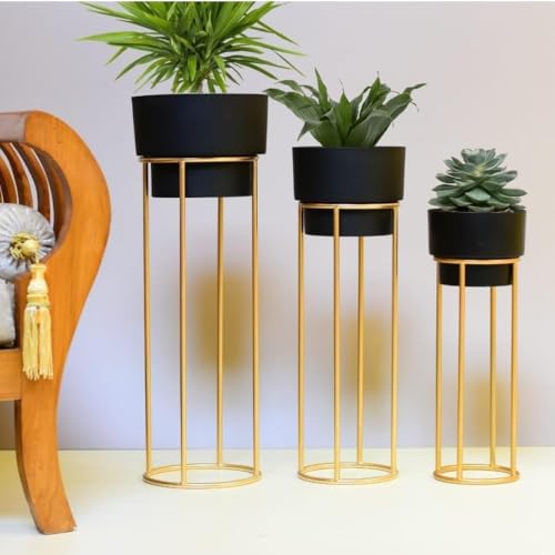 Image of ZM Handicrafts Metal Floor Planter Pot Stand with Gold Finish, Set of 3, Modern Style, for Living Room, Bedroom, Balcony, Office | Indoor / Outdoor Flower Pot Stand with Pots (Black Pot)