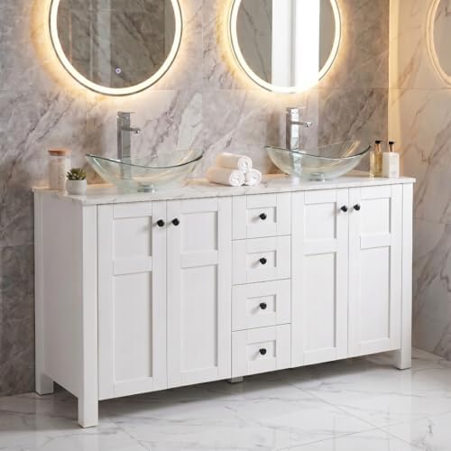 48" White Freestanding Vanity with Marble Top