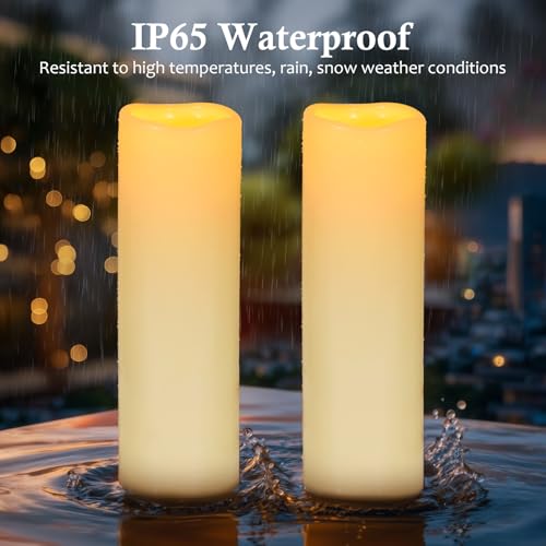Image of 14 inch x 4 inch Large Outdoor Candles Waterproof Flickering LED Flameless Candles Battery Operated with Timer - Realistic LED Pillar Candles with Remote for Wedding Festival Home Decor Ivory 2 Pack