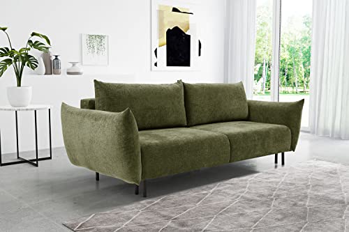 WFL GROUP Sofa mit Bettkasten - Schlafsofa mit Schwarze Metallbeine - 3 Sitzer Sofa Bett - Couch mit Schlaffunktion Bettfunktion Skandinavisch Polstergarnitur - Olivgrün