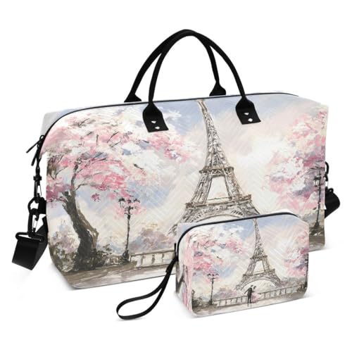 Cherry Blossom Paris Eiffel Tower Oil Painting Travel Duffle Bag Gym Bag Weekender Bags with Toiletry Bag Travel Trip Tote Bag