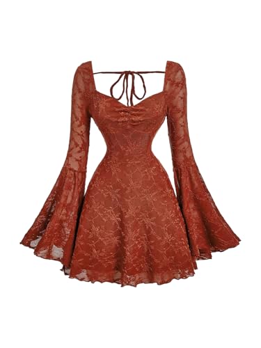 Image of WDIRARA Women's Floral Jacquard Gothic Bell Long Sleeve Dress | Mesh , A Line, Vintage