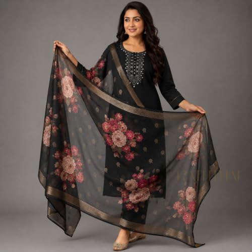 Image of Kaththai Women Embroidered Kurta and Pant Set with Dupatta | Ethnic Suit Set for Women | Floral Printed Organza Dupatta | Festive, & Traditional Kurta Set