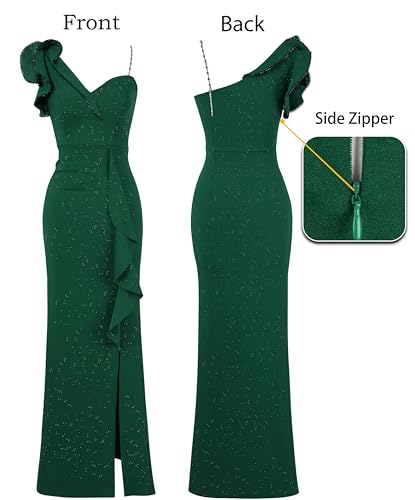 Image of VFSHOW Womens Formal Prom Elegant Ruffle One Shoulder Beaded Strap Ruched Slit Maxi Dress Wedding Evening Long Gown